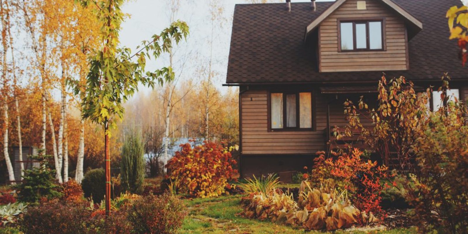 autumn wooden country house and garden view